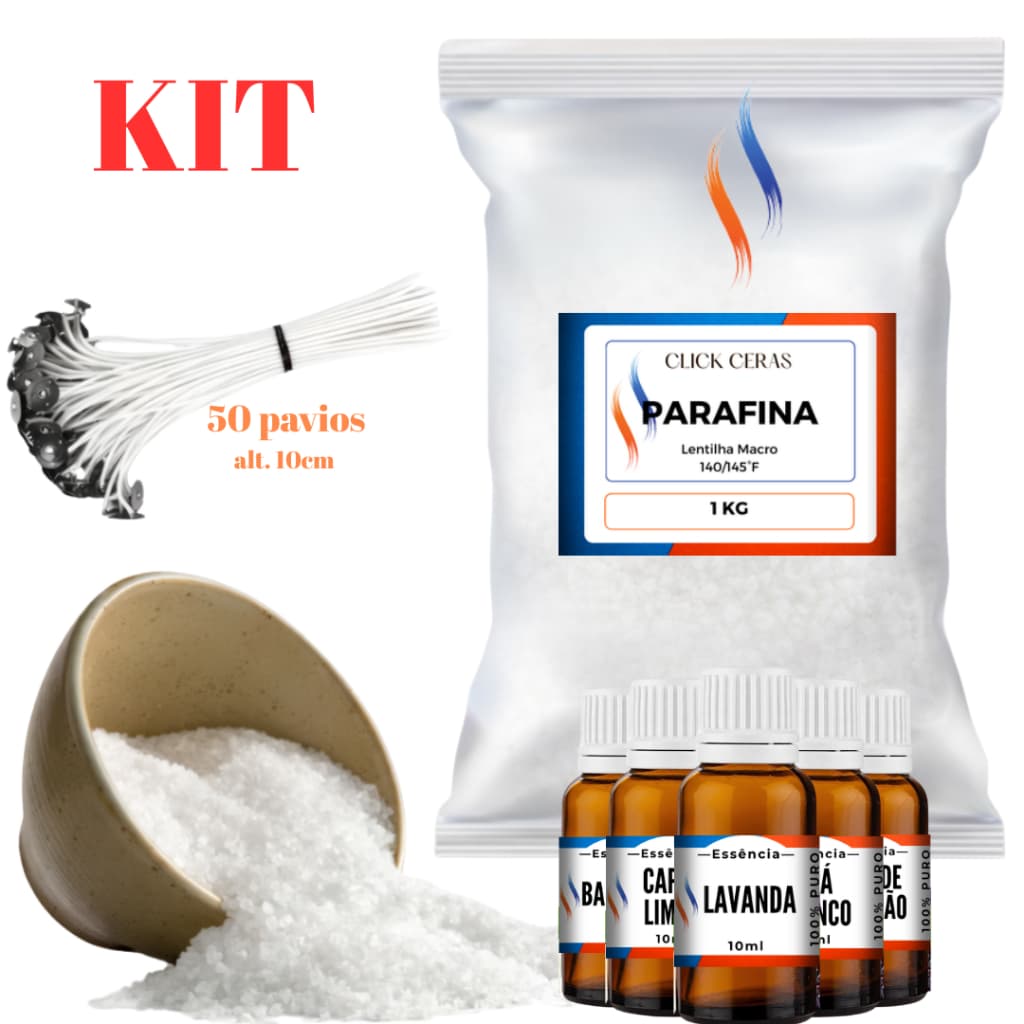 KIT Parafina 1kg + Essência 10ml + 50 Pavios para velas Alt.10cm