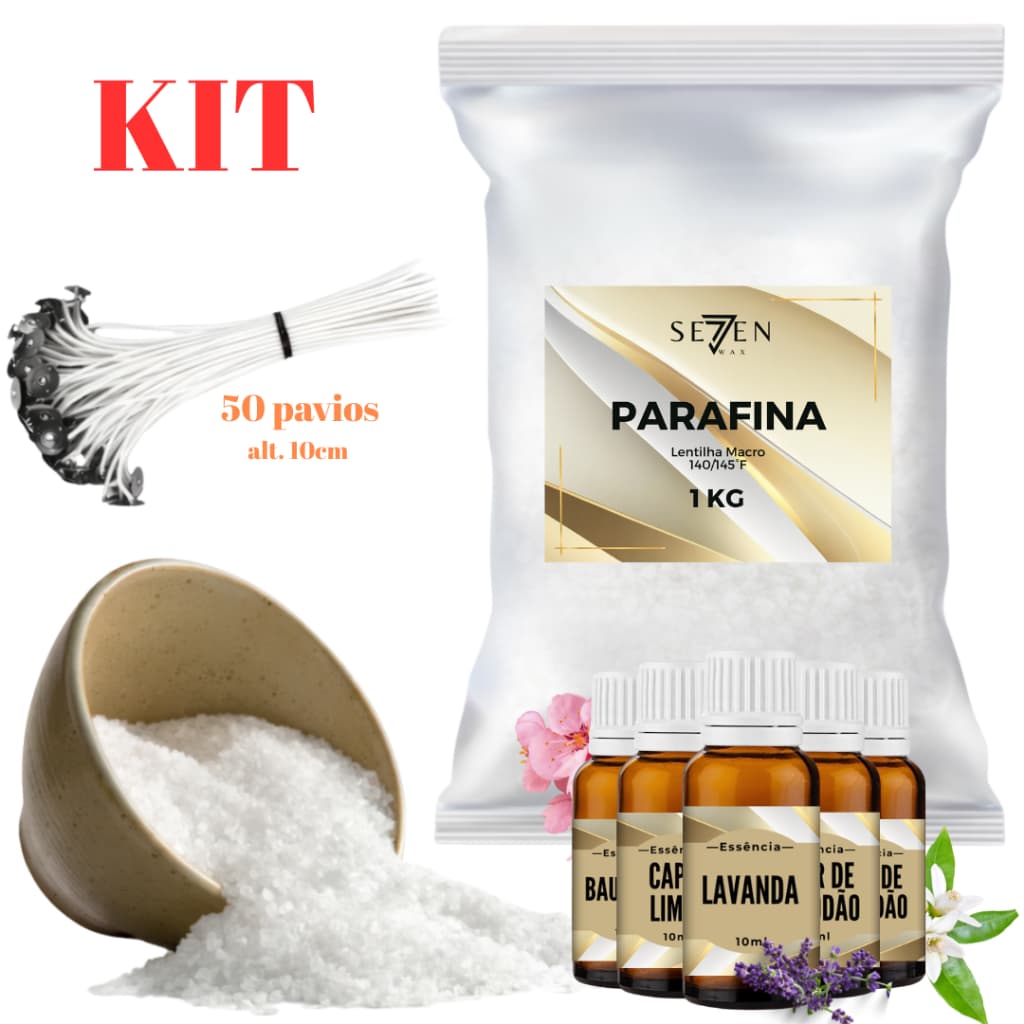 Kit Parafina 1kg + Essência + 50 Pavios para velas Artesnais