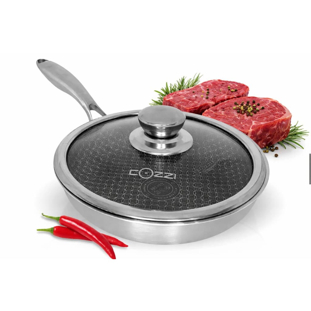 Frigideira Inox Antiaderente Indução 20 Cm Com Tampa de Vidro Não Risca Ideal para Carnes