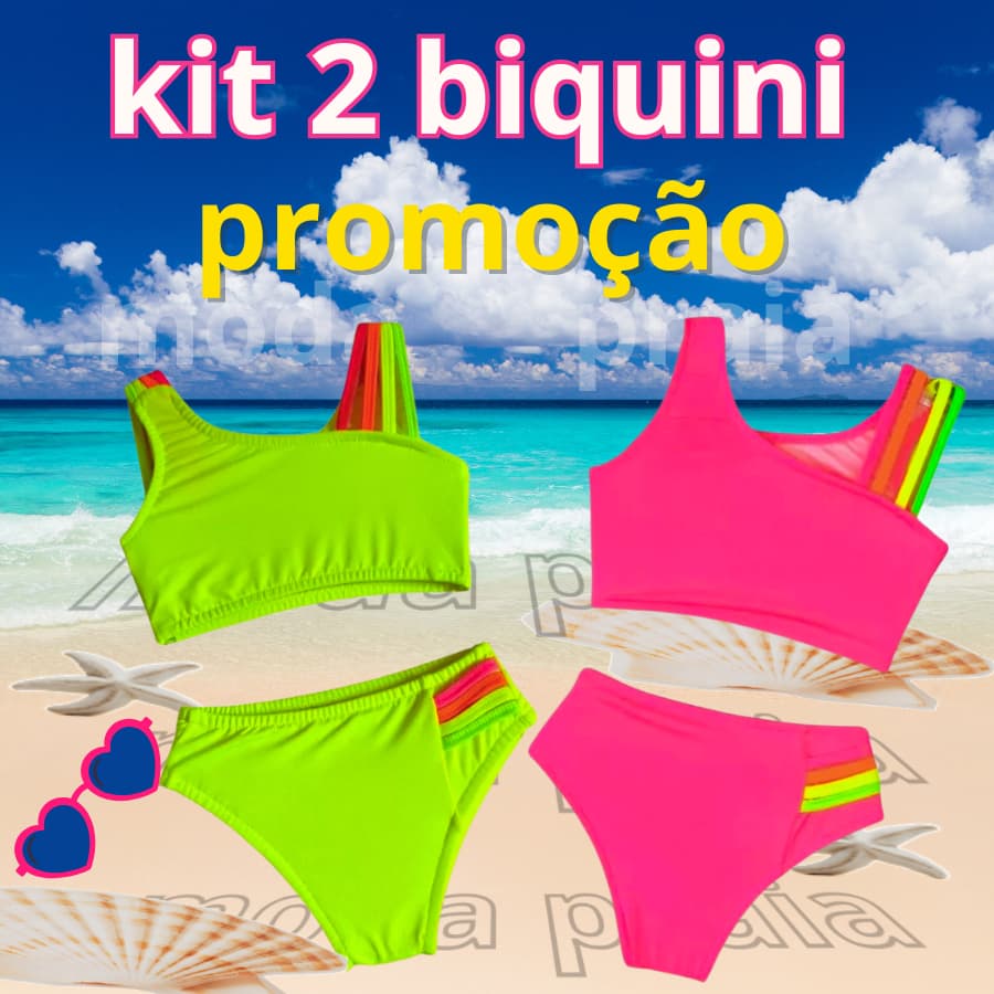 Kit 2 Biquíni Infantil Juvenil Feminino – Rosa Neon e Preto e Outros com Detalhe Colorido 6 a 16 Moda Praia Piscina