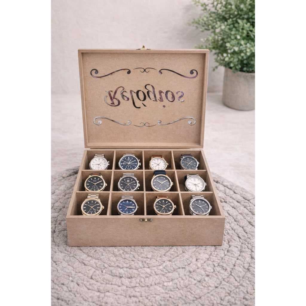 CAIXA PARA RELÓGIOS EM MDF COM DOBRADIÇA E FECHO COM 12 DIVISÓRIAS VAZADO