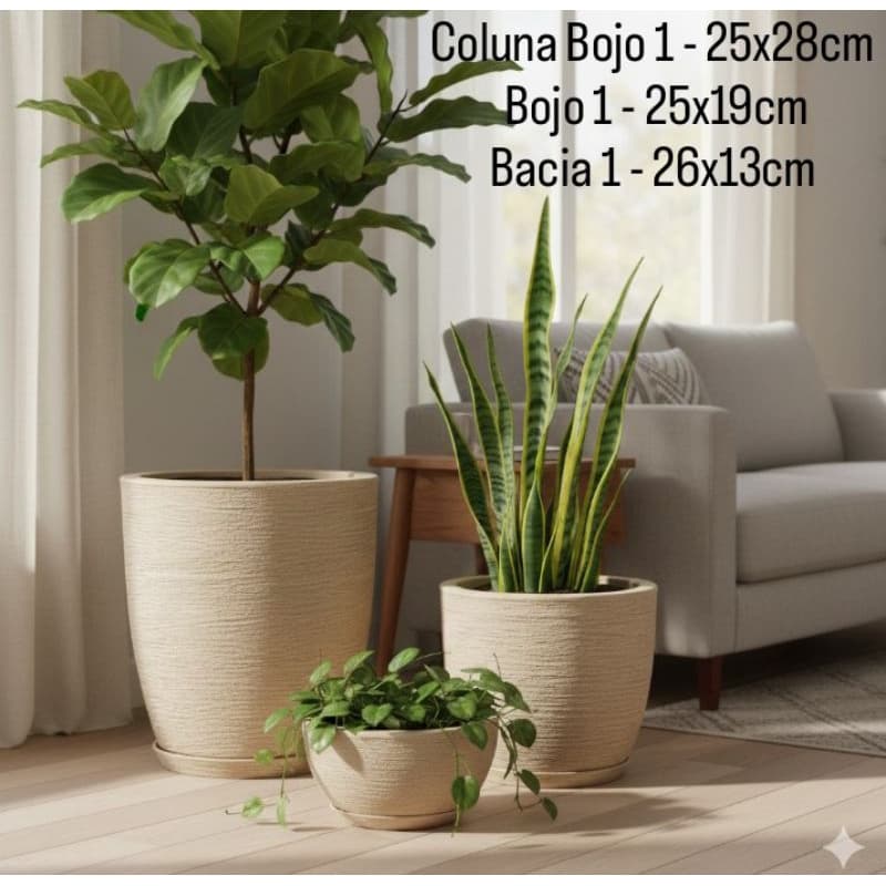 Kit 3 Vasos Coluna Bojo Escovado 1, Bojo Escovado 1 e Bacia Escovado 1 para Decoração e Plantas em Polietileno