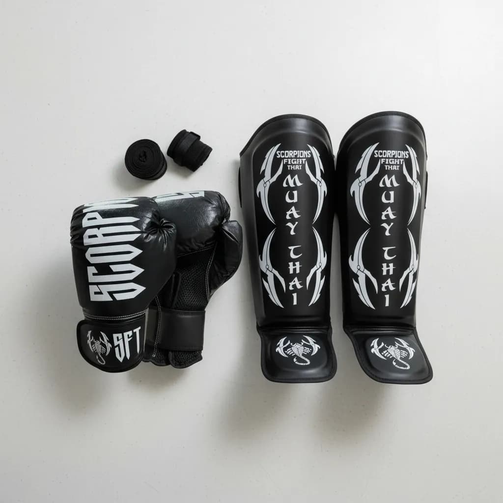 Luva Muay Thai Boxe Profissional Scorpions + Caneleira + Bandagem