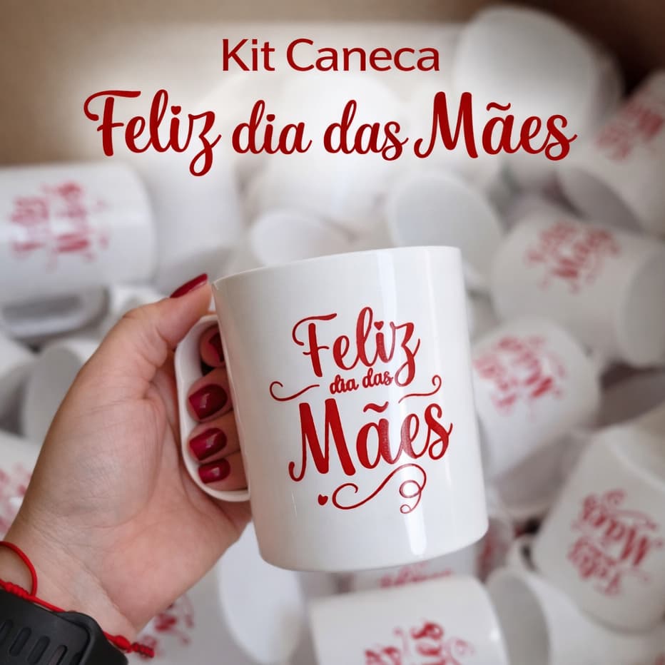 KIT C/ ATÉ 50 CANECAS FELIZ DIA DAS MÃES, 400ML PLÁSTICO BRANCO C/ ESCRITO VERMELHO, PRESENTE, AMOR