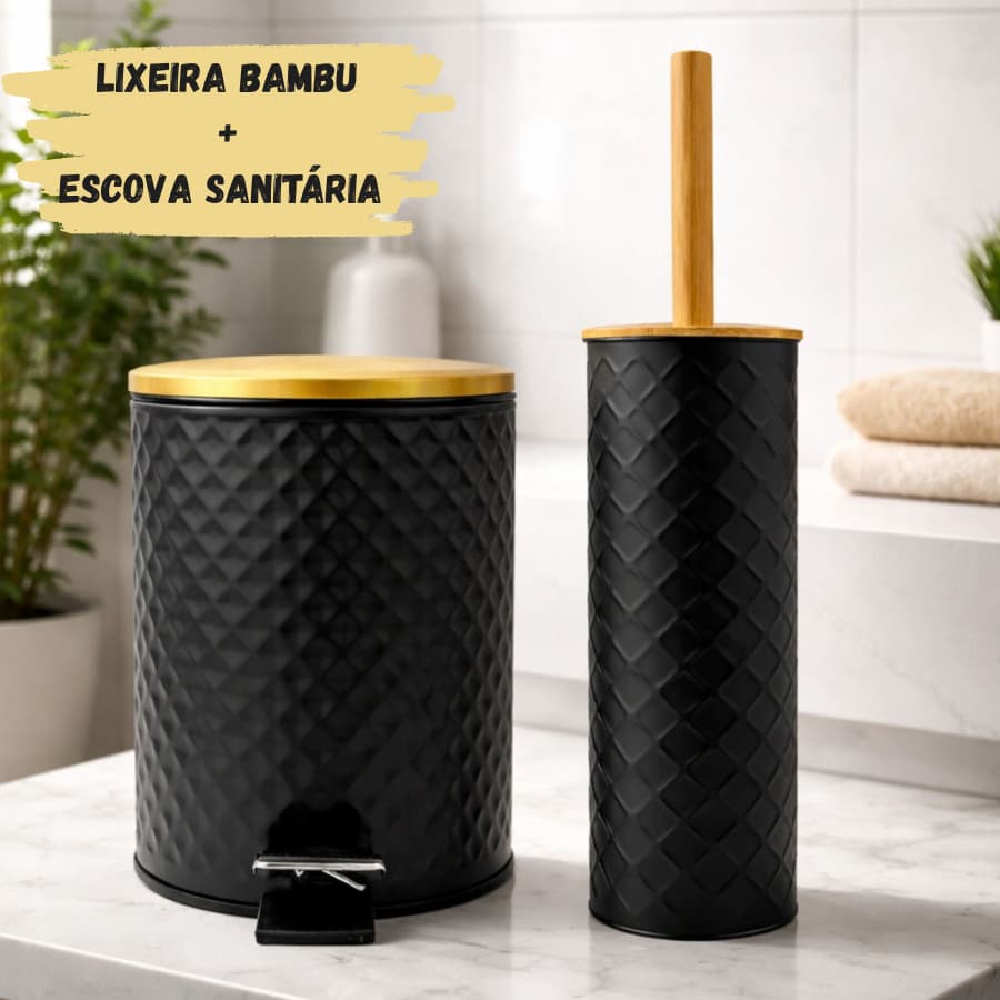 Kit Banheiro Premium Aço Inox e Bambu Lixeira 5L + Escova