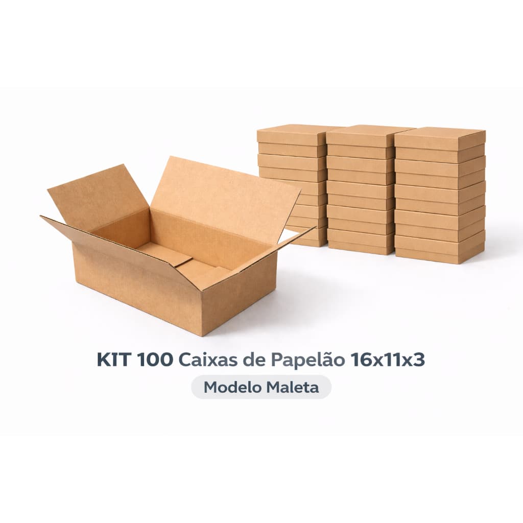 KIT 100 Caixas de Papelão 16x11x3 Mini Envio Correios Ecommerce Maleta