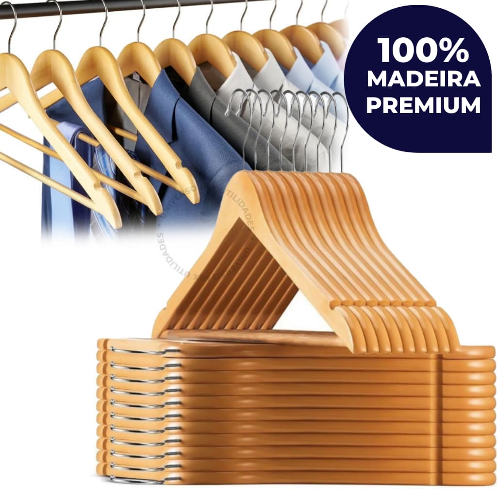 Kit Cabides De Madeira Premium Marfim Para Roupas Calça Gancho Cromado