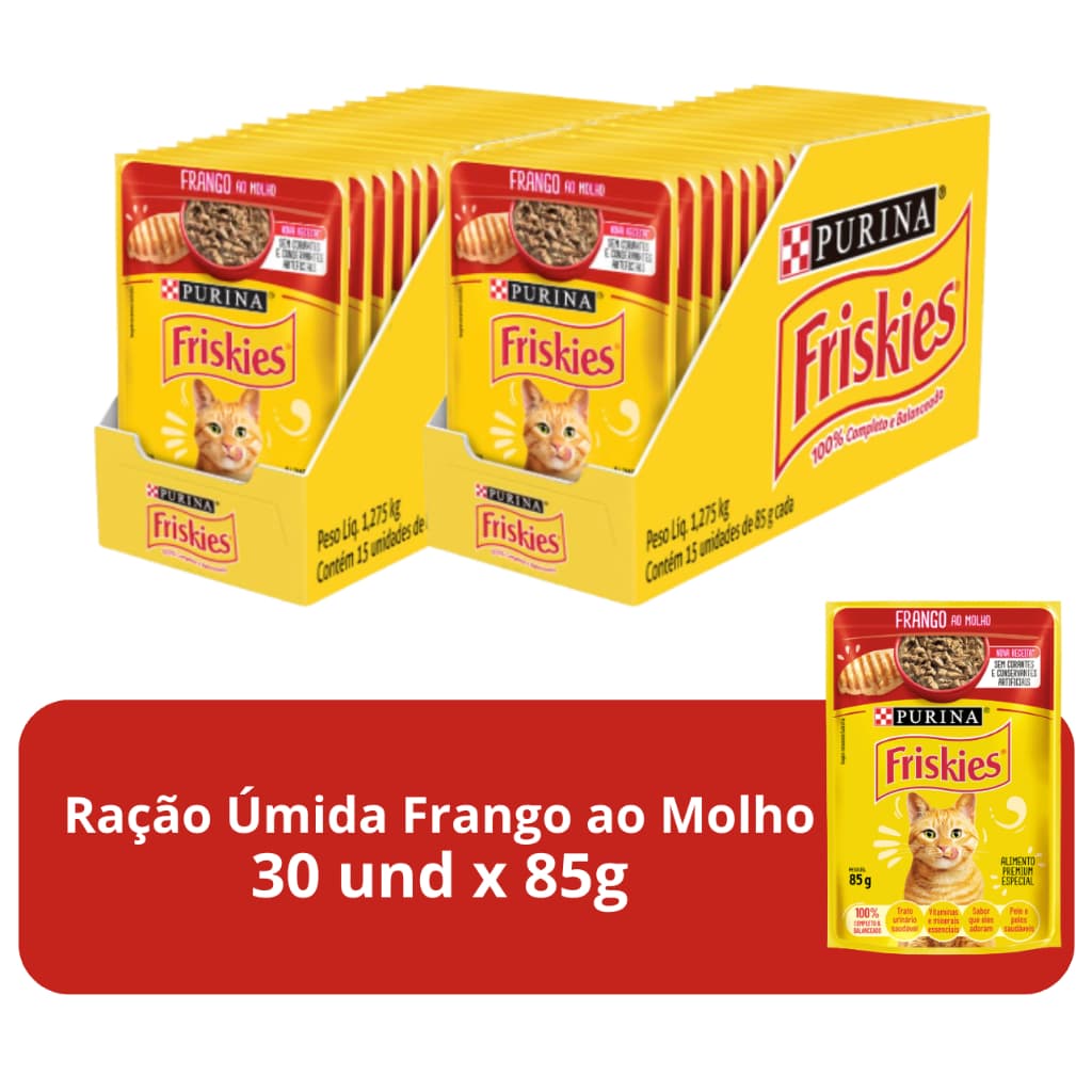 Ração Úmida Para Gatos Adultos Frango Ao Molho Friskies  - 30 Sachês de 85g