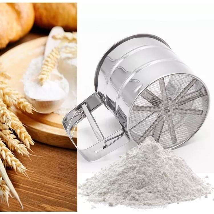 Polvilhador Peneira Caneca com Gatilho Manual Aço Inox Açucar Farinha Tapioca Cozinha Multiuso