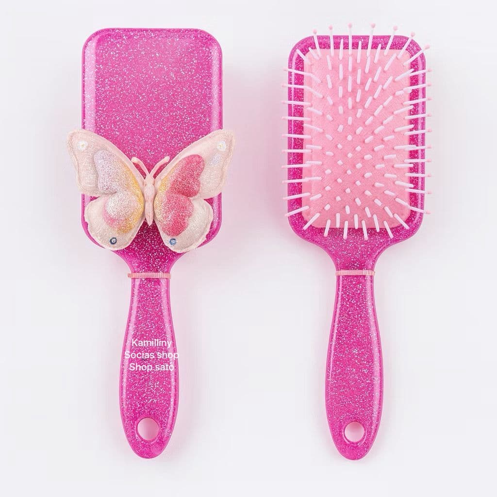 Escova de cabelo femenina borboleta com glitter macia massageadora escova raquete