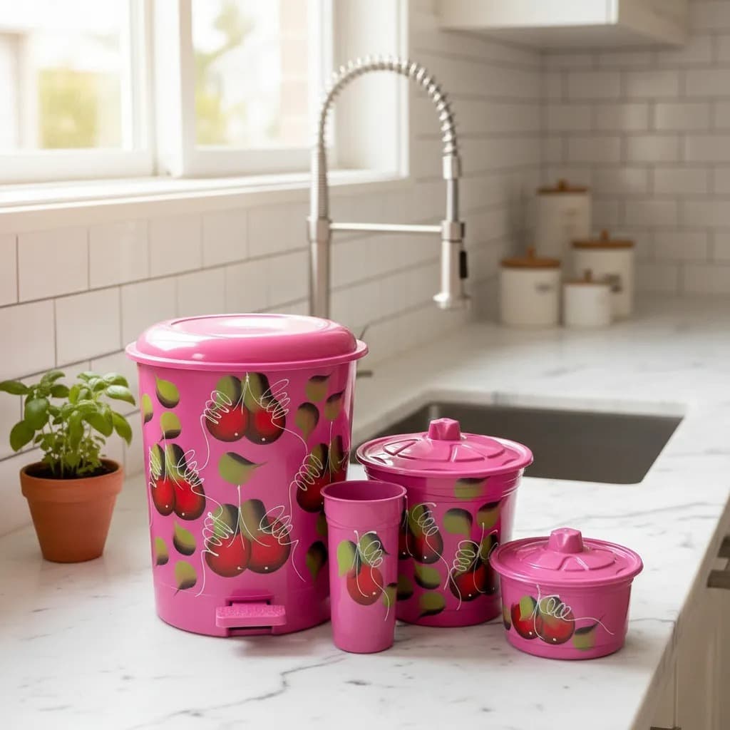 Kit Pia Cozinha C/ Lixeira De Pedal 14 Litros Decorado A Mão