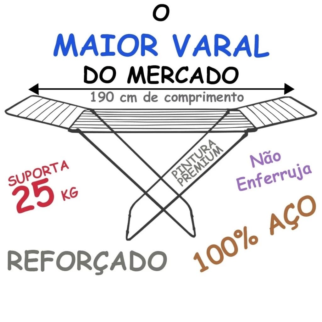 Varal Reforçado De Chão Grande Em Aço Pintura Especial Não Enferruja - Suporta 25kg Store Blocker