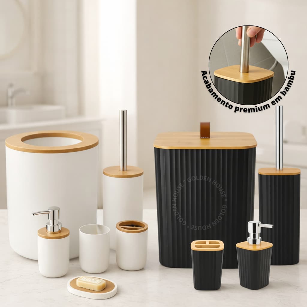 Kit Banheiro Lixeira C/ Tampa Detalhes Em Bambu Premium