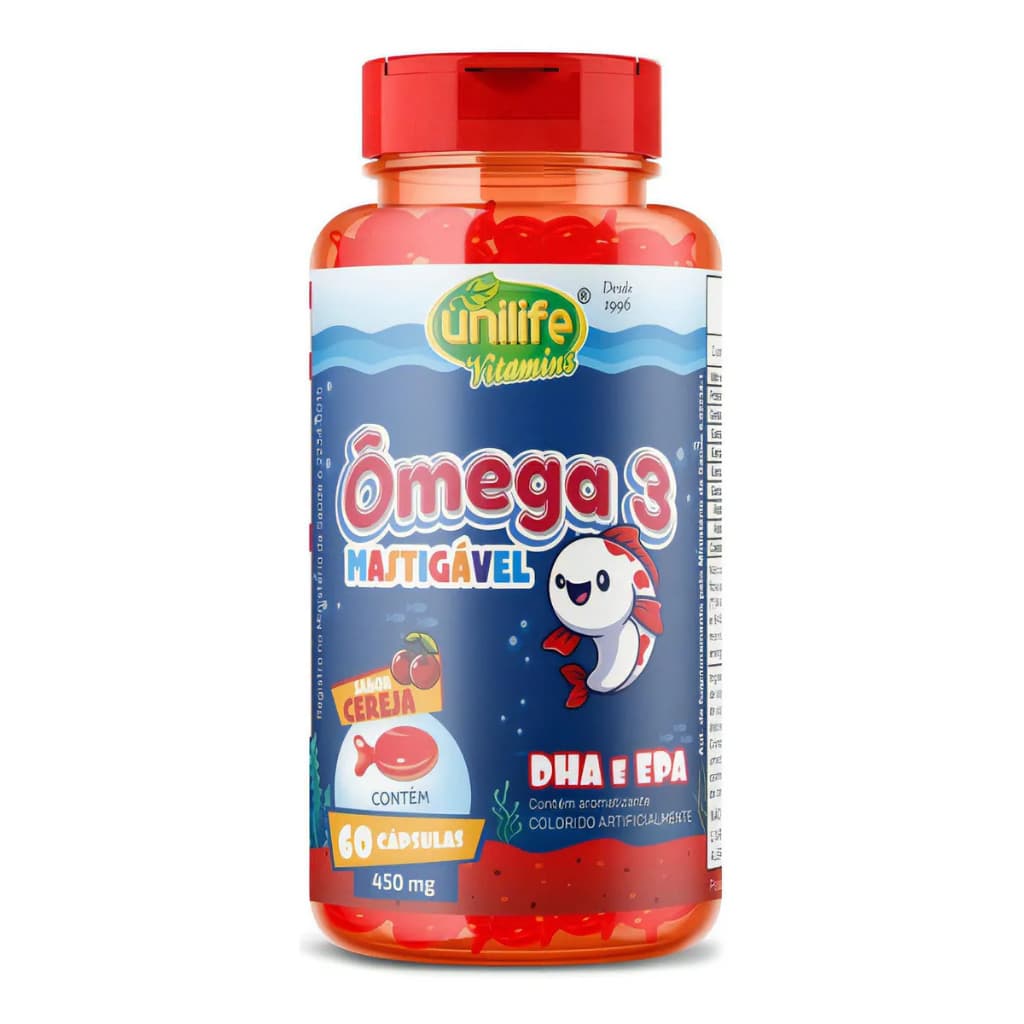 Ômega 3 Kids 500mg 60 Cápsulas  S/ Aditivos E Metais Mastigável Sabor Cereja  - Unilife