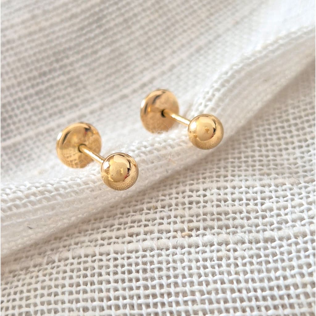 Brinco Infantil Bolinha 4mm Banhado Ouro 18k Antialérgico Tarraxa Baby Folheado 2º Furo