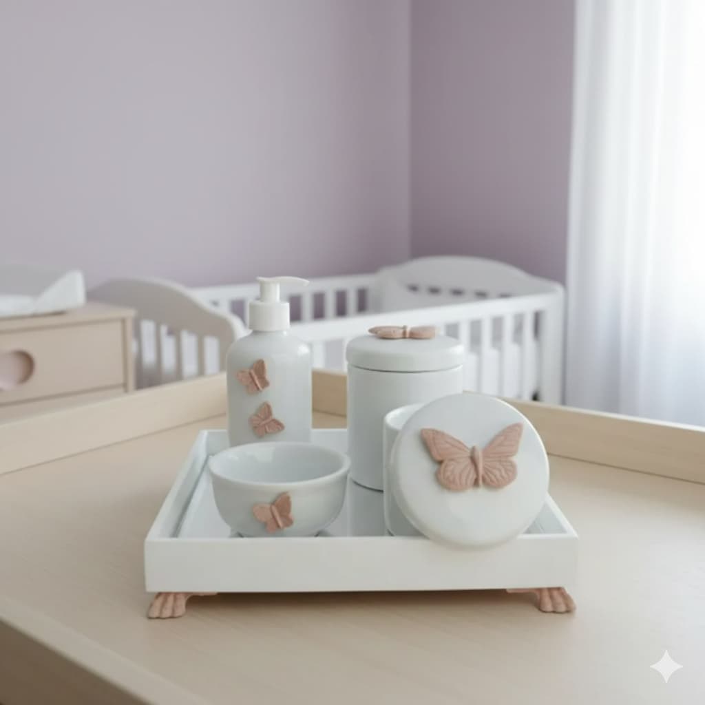 Kit Higiene Porcelana Bebê Banho Cuidado Quarto K014 Borboleta