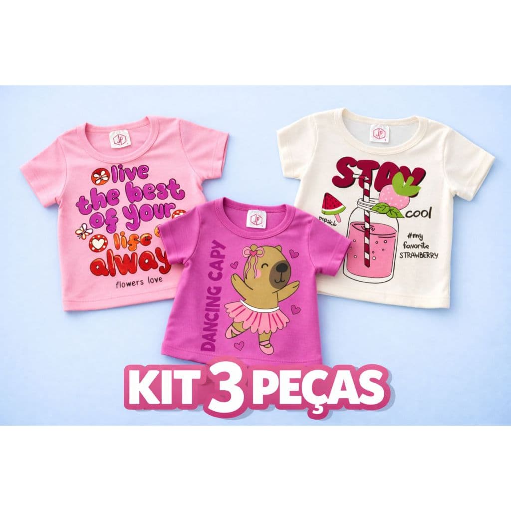KIT 3 Blusas Manga Curta Menina Infantil Juvenil Tamanho 1 ao 14 anos (020)