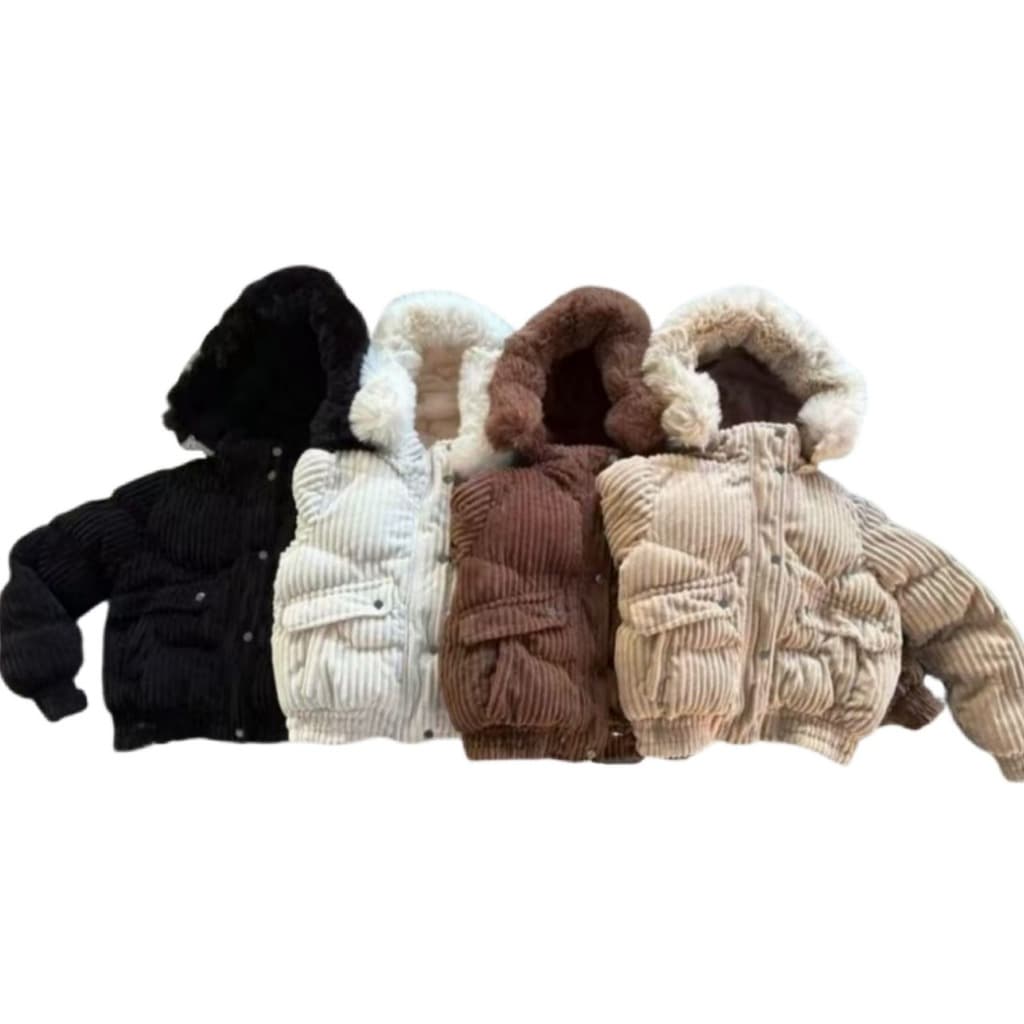Jaqueta Feminina Cotelê puffer casaco cropped forrado com pele por dentro capuz removível e a segurança do zíper