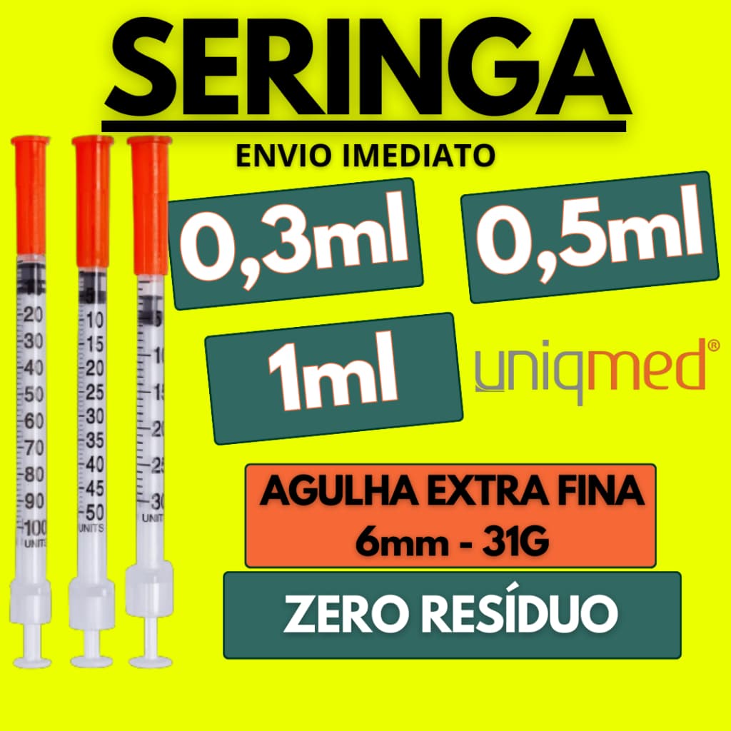 Seringas 0,3ML (30ui), 0,5ML (50ui) ou 1ML (100ui) c/ ag. 6mmx0,25mm -  Botox, Insulina etc. Uniqmed