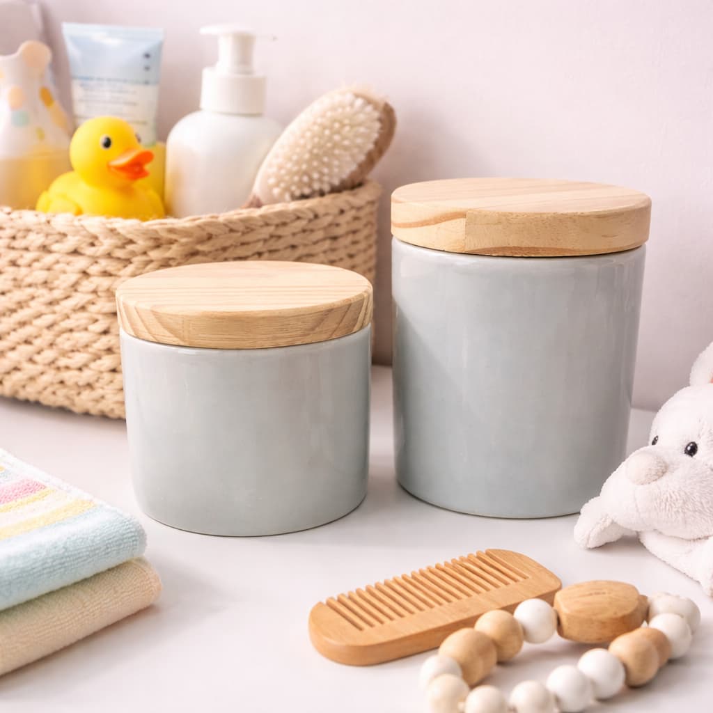 Kit Higiene de Bebê 2 Potes Porcelana C/ Tampa Madeira Promoção
