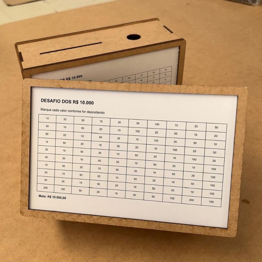 Cofre Desafio Dinheiro 1mil 5mil 10mil Reais MDF Método Japonês Poupança
