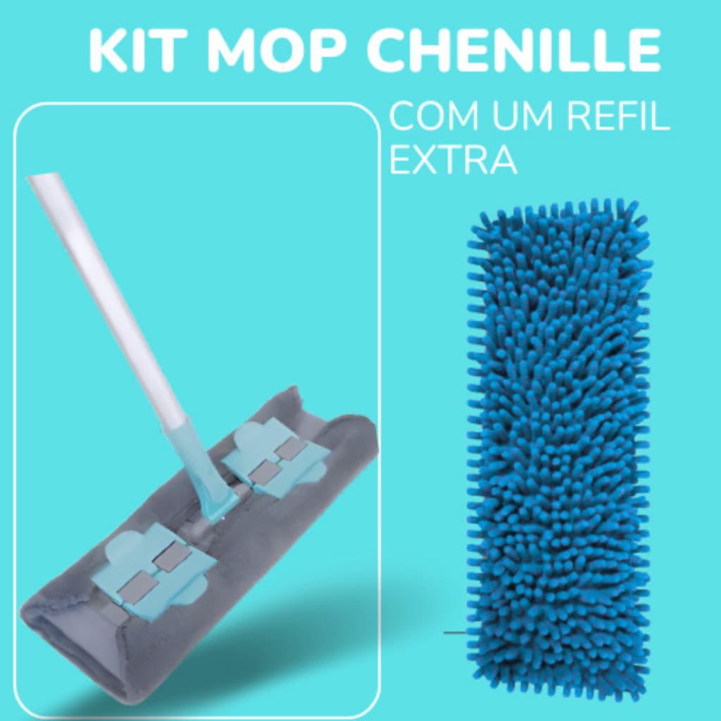 Kit Rodo Mop Chenille Vassoura Com Refil Extra E Pano Em Microfibra Casa Chão