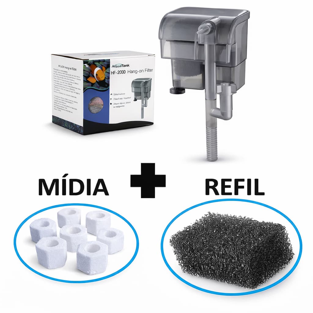 Kit Filtro externo HF-200 Hang -on aquário até 40l cascata + Refil + Midia Biologica