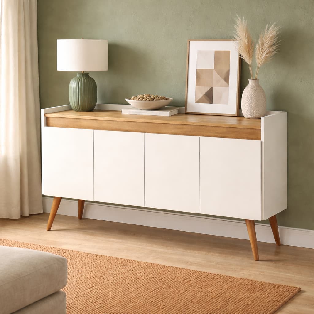 +Aparador Bufet Retrô Pés Em Madeira Maciça Hal De Entrada Karina 3,4 Portas Prateleira Organizadora