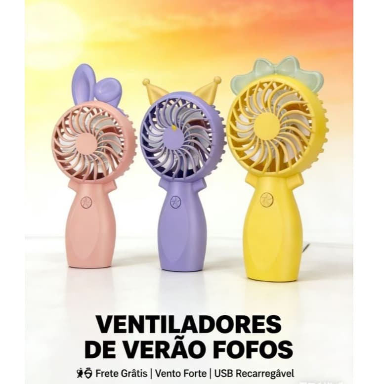 "Ventilador Portátil com Acessórios Fofos - 3 Orelhas Trocáveis - USB Recarregável para Verão"