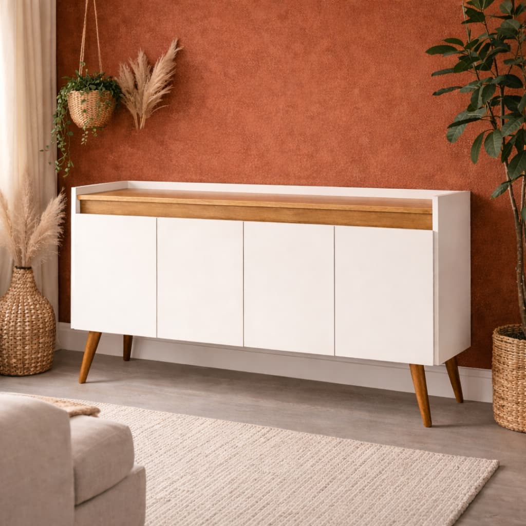 *Aparador Buffet Cantinho Café Sala Jantar Cozinha 4 Portas Puxador Embutido Prateleira Interna K7