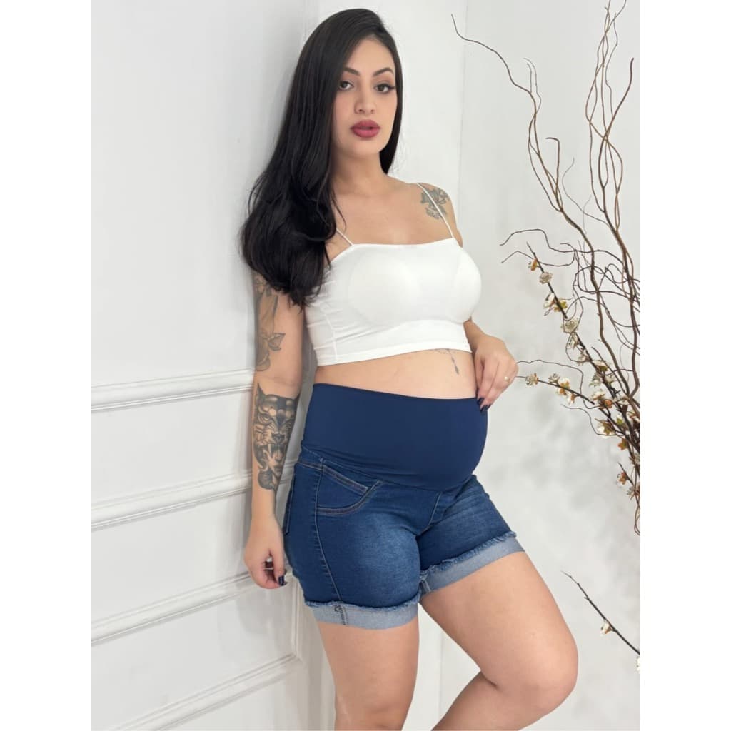 Shorts Jeans Gestante Cós Alto Não Aperta Barriga Premium