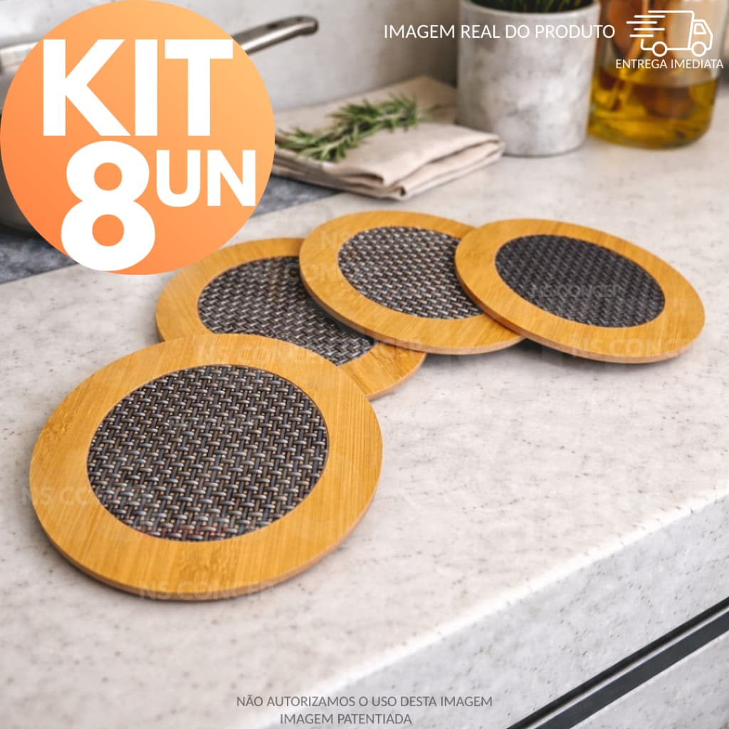 Kit 8 Descansos de Panela De Bambu MDF 14,5cm Antiderrapante Elegante Proteção Mesa Suporte Panelas Quentes Cozinha