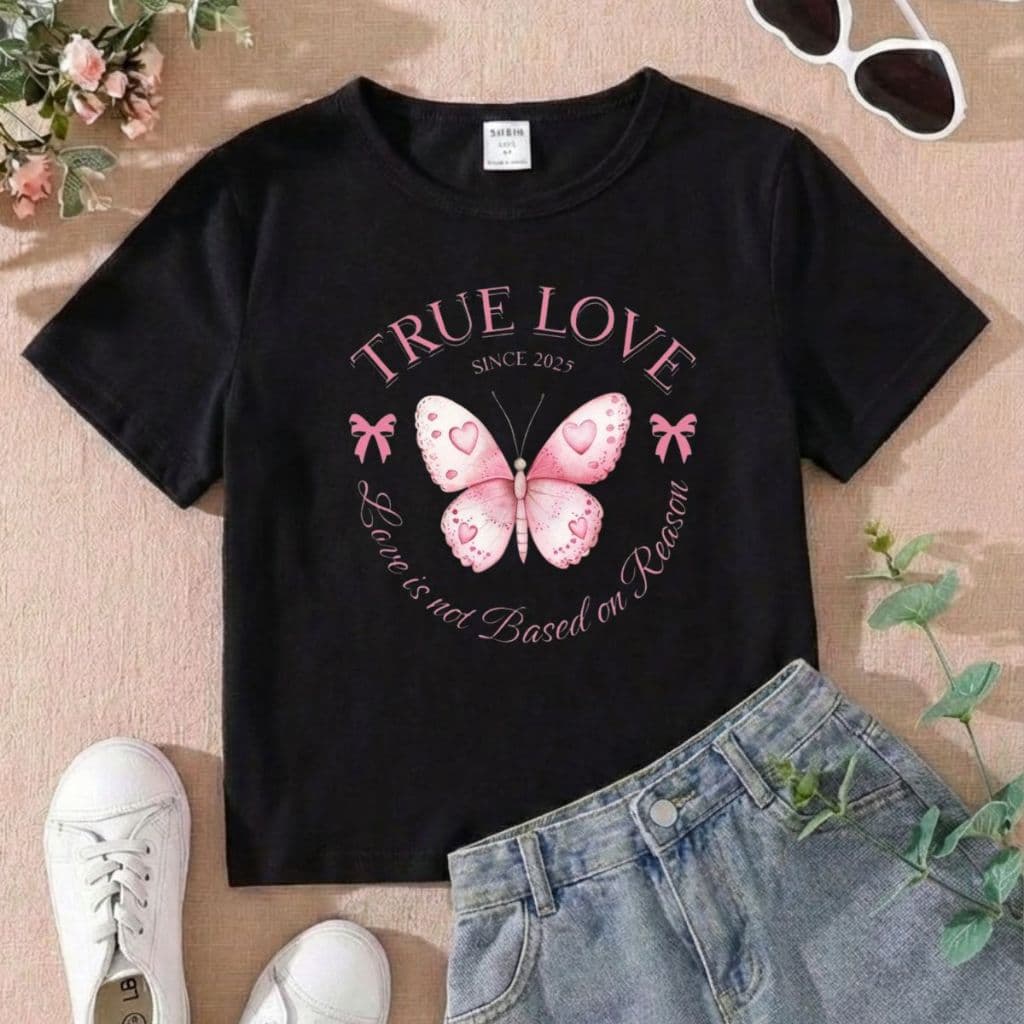 Blusa Infantil Feminina True Love Borboleta Algodão Tendência