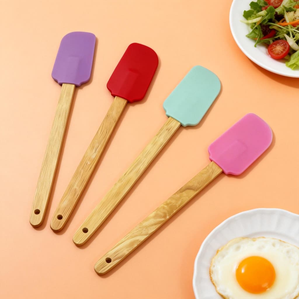 Kit 4 Espátulas Colher de Silicone  Cabo Bambu，28cm