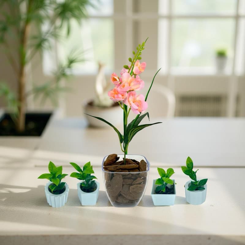 Combo Decorativo 1 Kit Acrílico + 4 Vasinhos com Folhagem Artificial