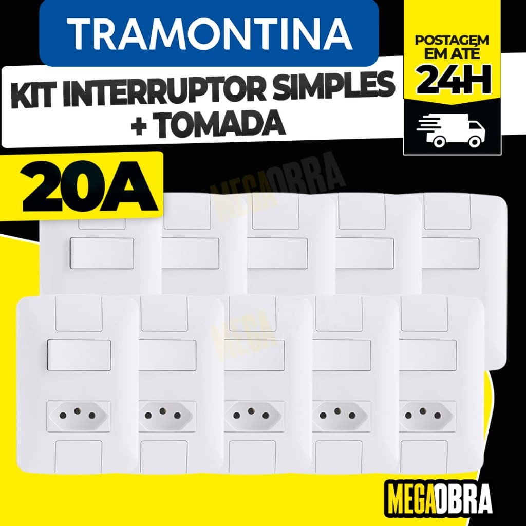 Kit Tomada 20A com Interruptor Tramontina Linha Aria Interruptor e Tomada 20 Amperes Pino Grosso