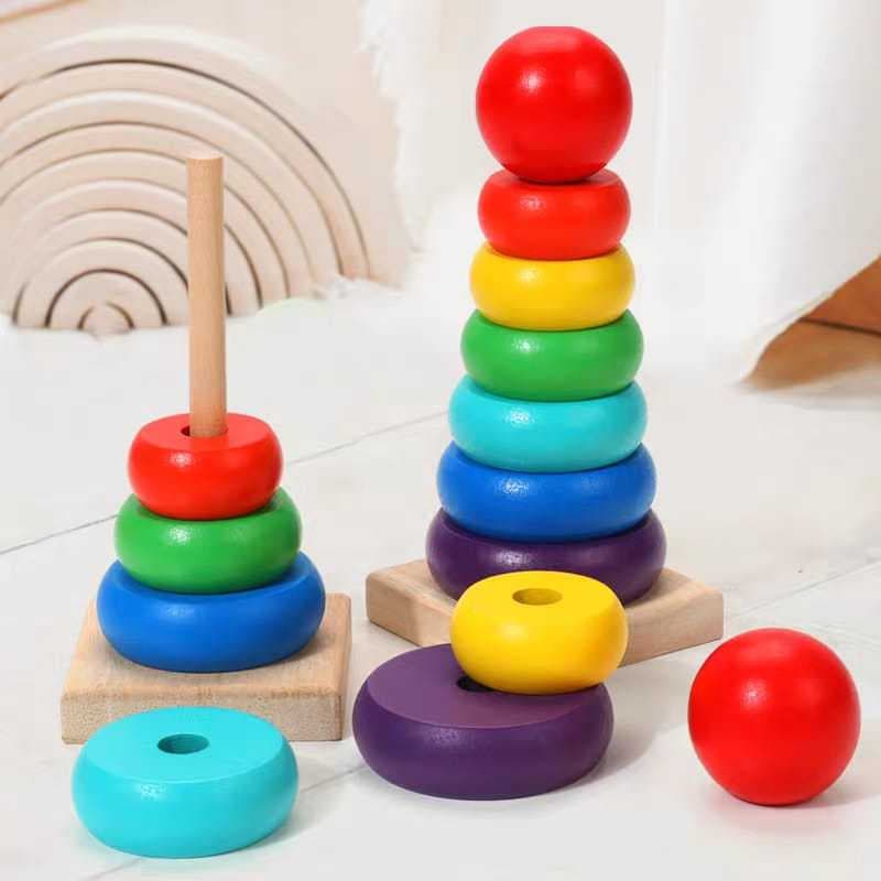 Pirâmide Brinquedo Educativo Madeira Argola Empilhável Torre Colorido Didático Infantil