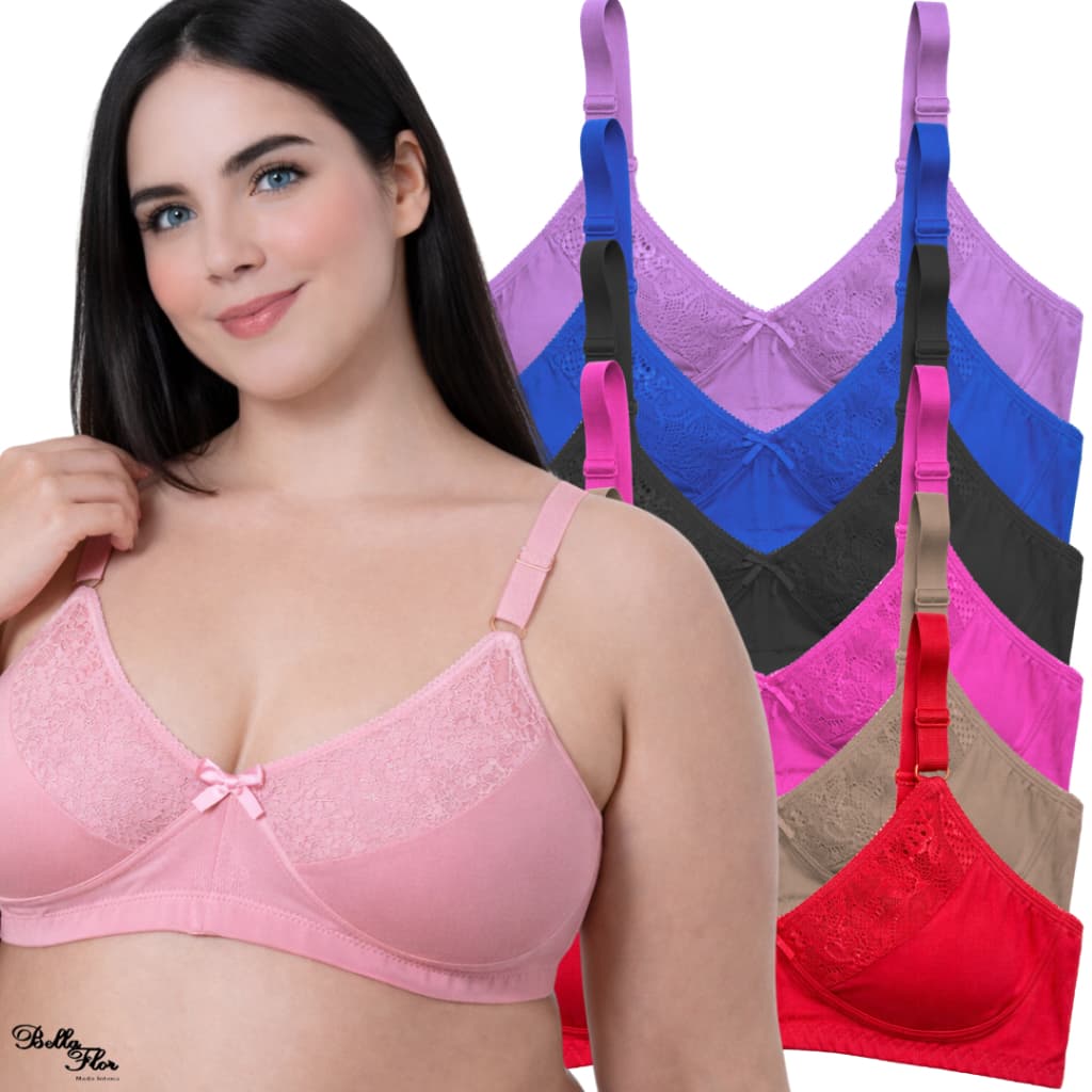 Kit com 5 Sutiãs Plus Size Sem Bojo Detalhe Renda Alças Reforçadas Sustentação Lingerie