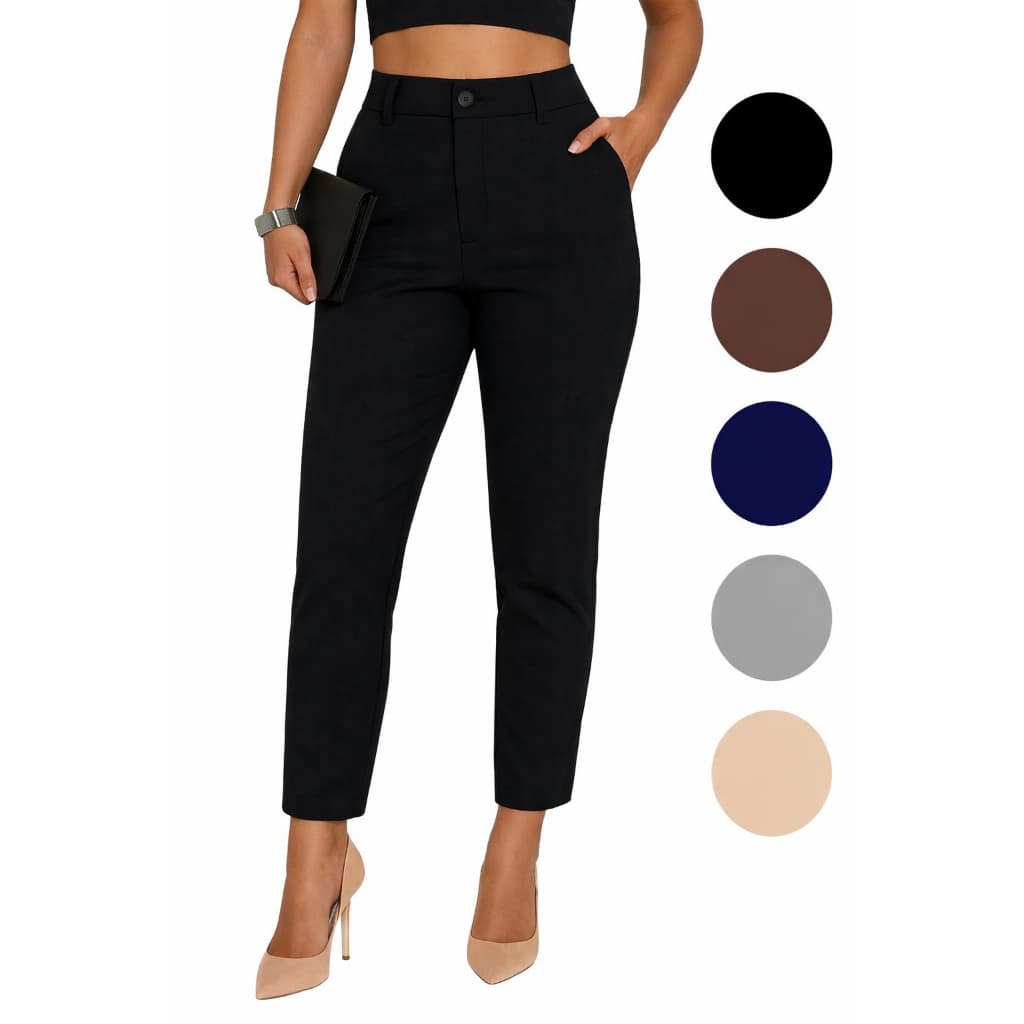 Calça Alfaiataria Feminina Slim Cintura Alta Social e Casual com Zíper e Botão PP ao XG