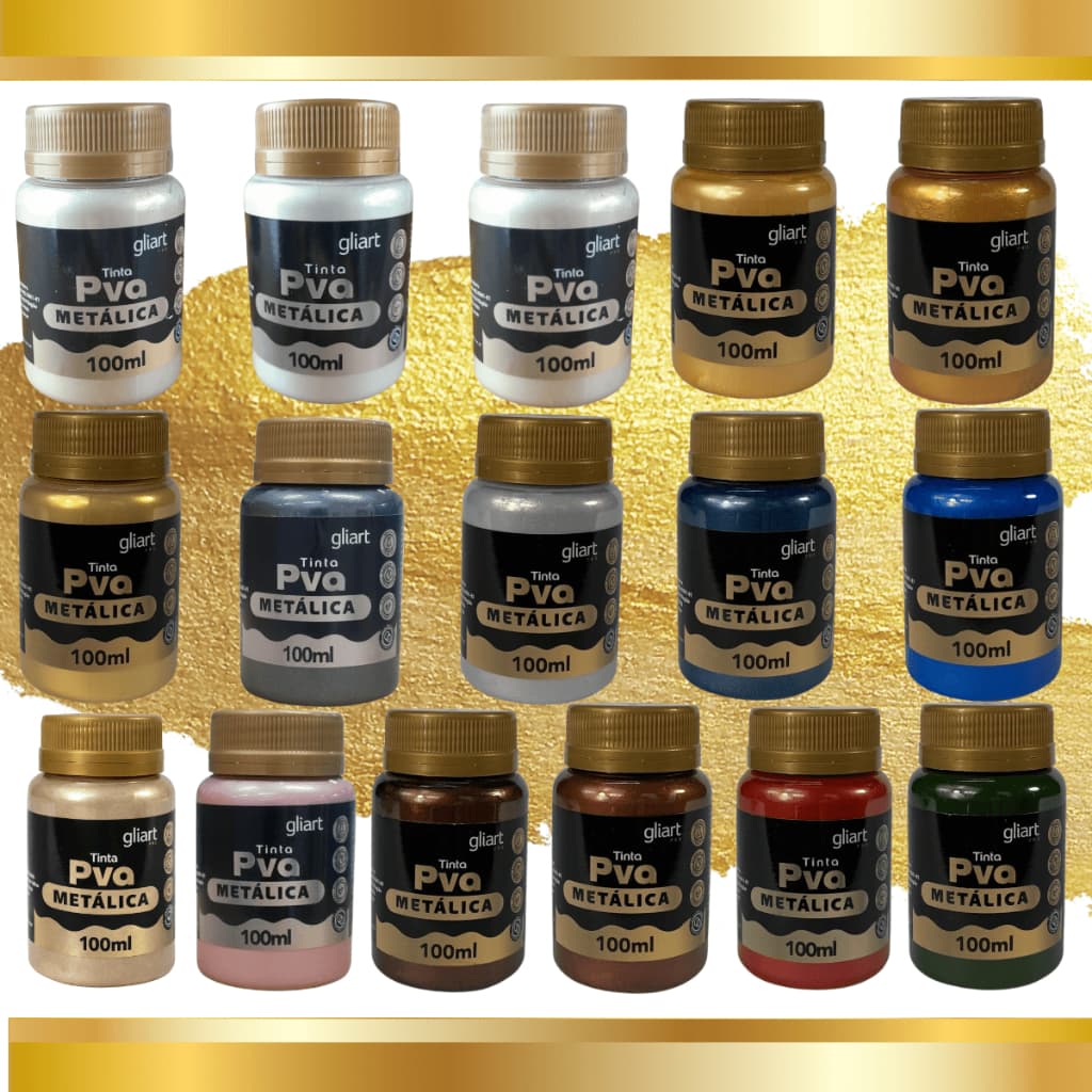 Tinta PVA 100ml Metal Metálica Cores Gliart Artesanato MDF Madeira Decoração Pintura