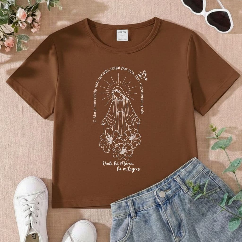Camiseta Infantil Feminina Religiosa Catalica Onde há Maria a Milagres