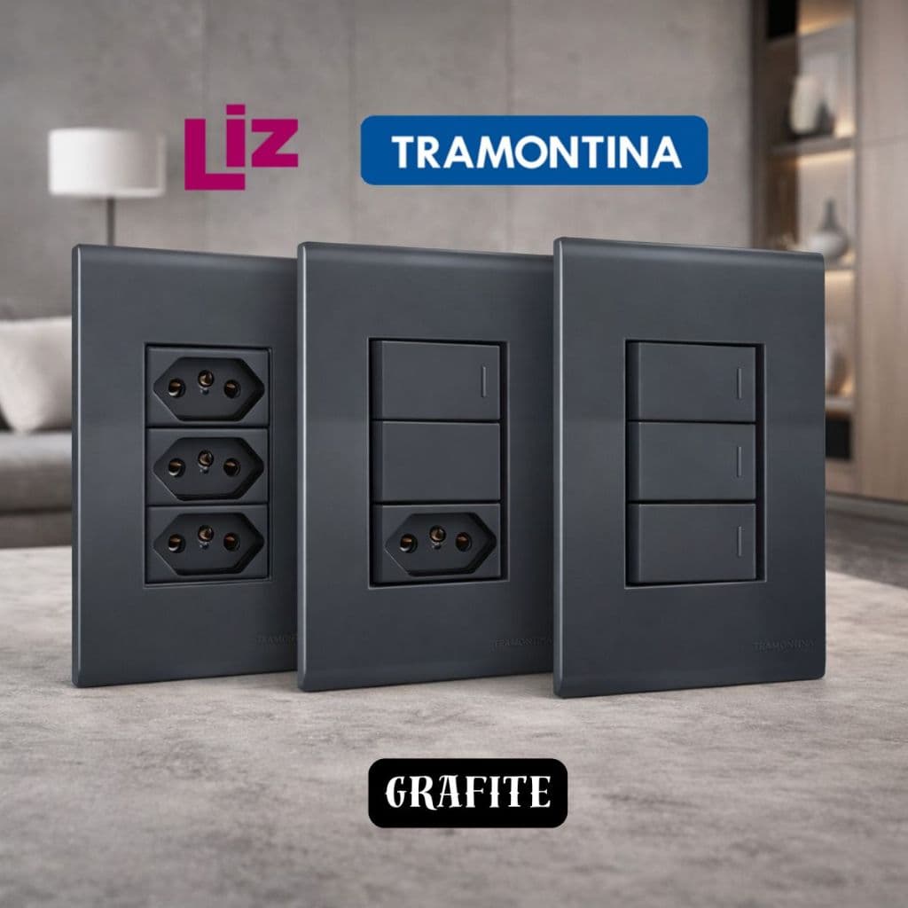 Conjunto Tomada Tramontina Grafite LIZ 4x2 10a 20a Interruptor Simples Paralelo Preto 250V