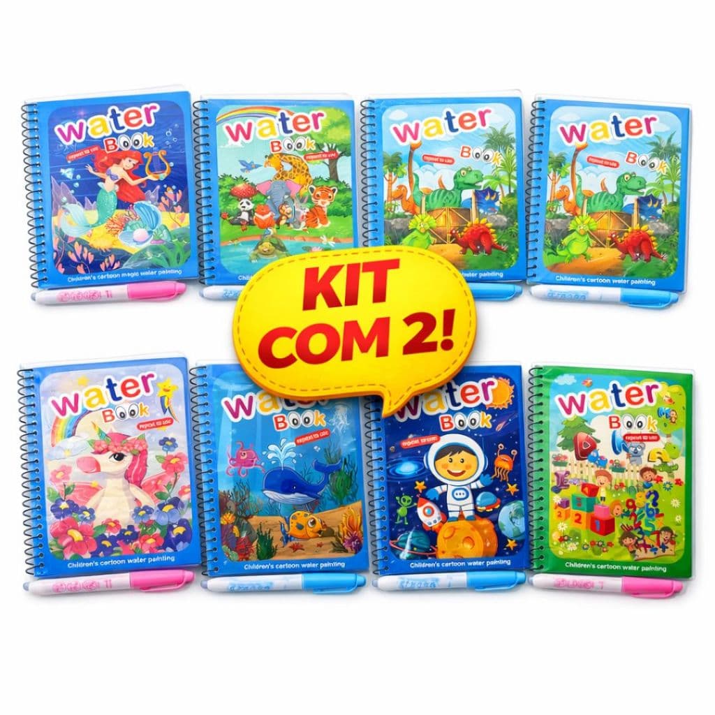 Kit com 2 Aquabook Livro Infantil Com Caneta Mágica Colorir Com Agua- Meninos e Meninas Reutilizavel