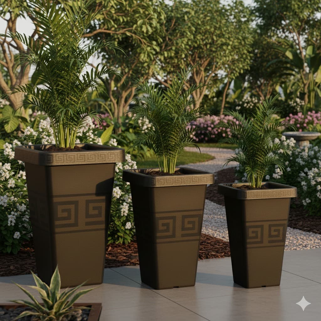 Kit 3 Vasos Plástico Reforçado Coluna Grego Quadrado P M G Para Plantas Decoração Jardim Varanda