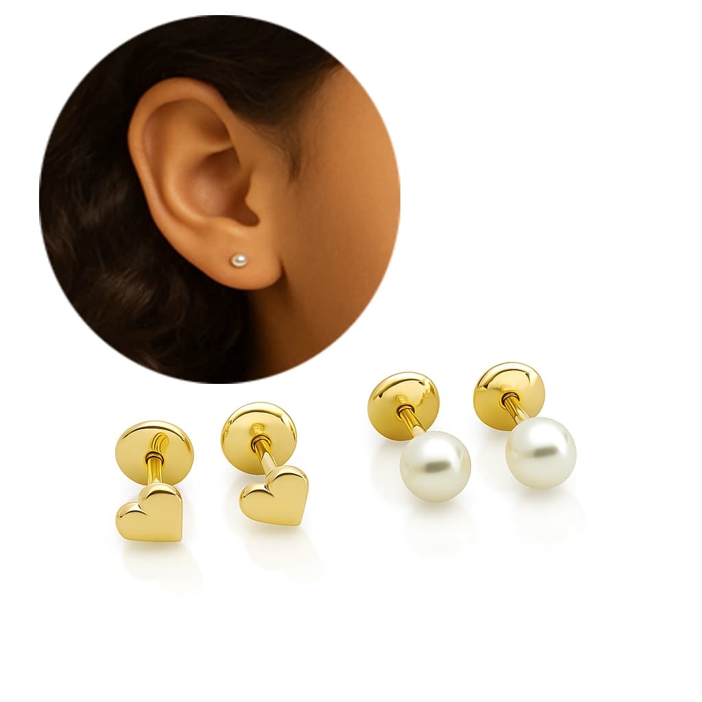 Kit 2 Pares Brincos Bebê Intantil Menina Antialérgico, Banho Ouro 18k, Tarraxa Segura Conforto