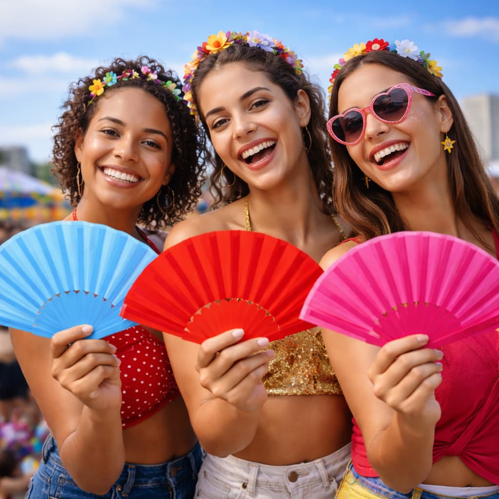 Leque Carnaval Colorido Grande Dobrável Bloquinho Festa Show Rave Festivais Apresentação Dança