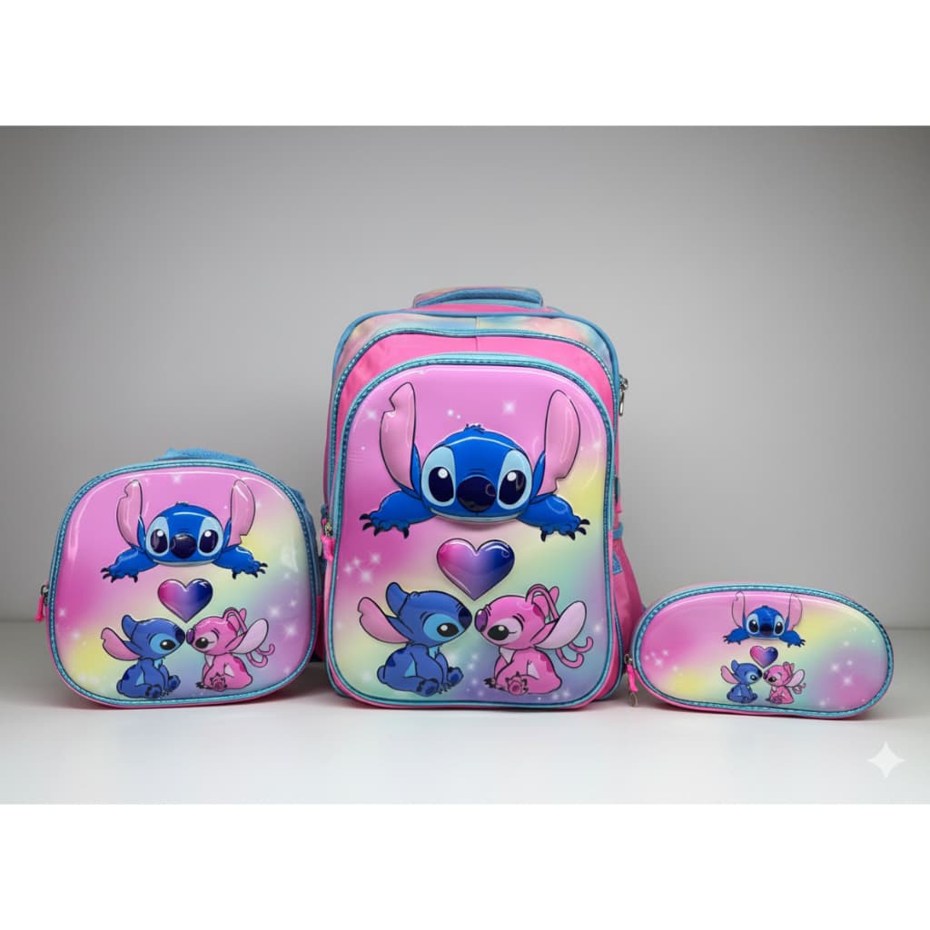 kit Mochila 3D + Lancheira + Estojo Lilo Stich e Angel Infantil Bolsa Escolar Creche Passeio Menina