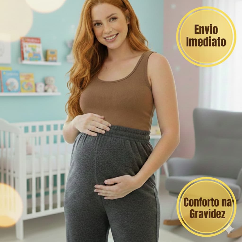 Calça Gestante Cós Alto Grávida Confortável Maternidade Feminina Soltinha Cintura Alta Pijama Bolso Plus Size