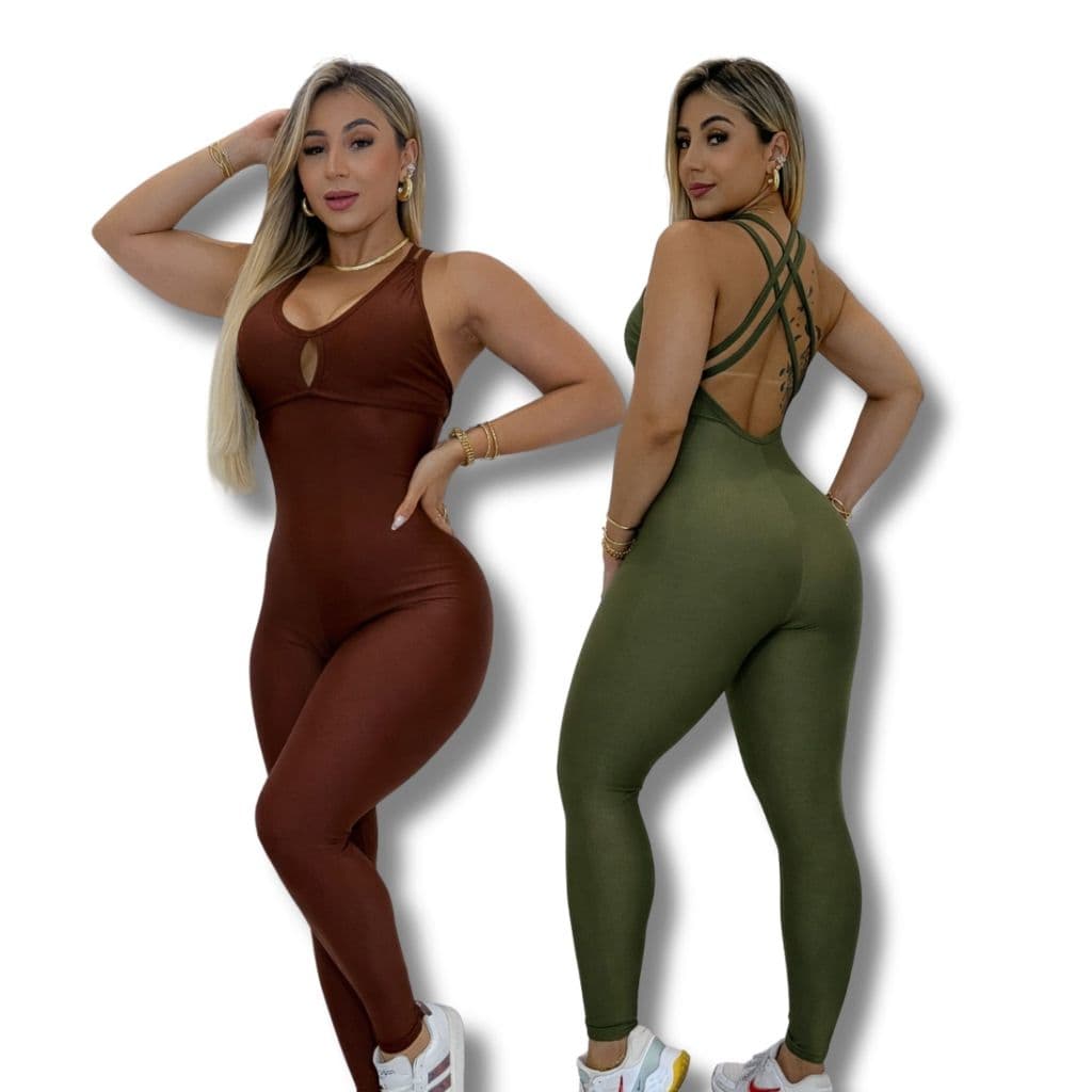 Macacão Feminino De Academia Leg Longo Fitness Alças Cruzadas Nas Costas Liso