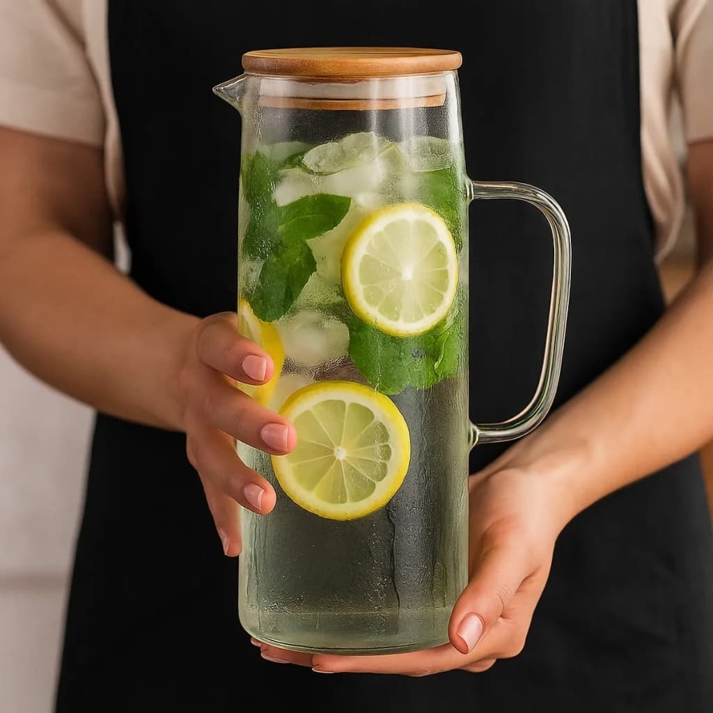 Jarra De Vidro E Chaleira Elegante Com Tampa De Bambu Mesa Posta Lehavi